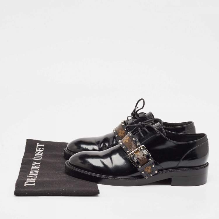 Pre Owned Louis Vuitton Black Glossy Leather Buckle Oxfords Size 38.5