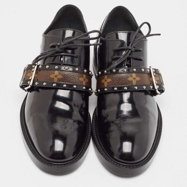 Pre Owned Louis Vuitton Black Glossy Leather Buckle Oxfords Size 38.5