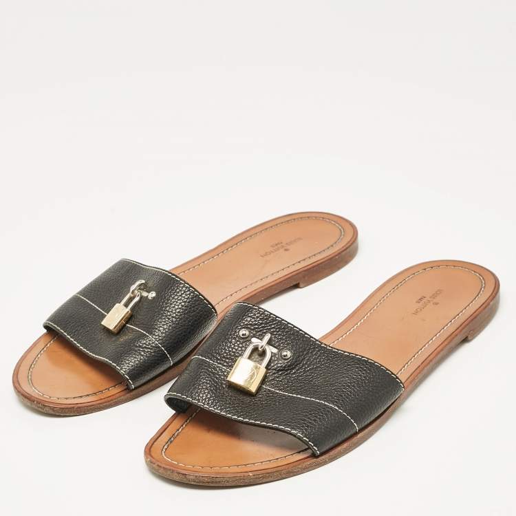 Pre Owned Louis Vuitton Black Leather Lock It Flat Slides Size 40