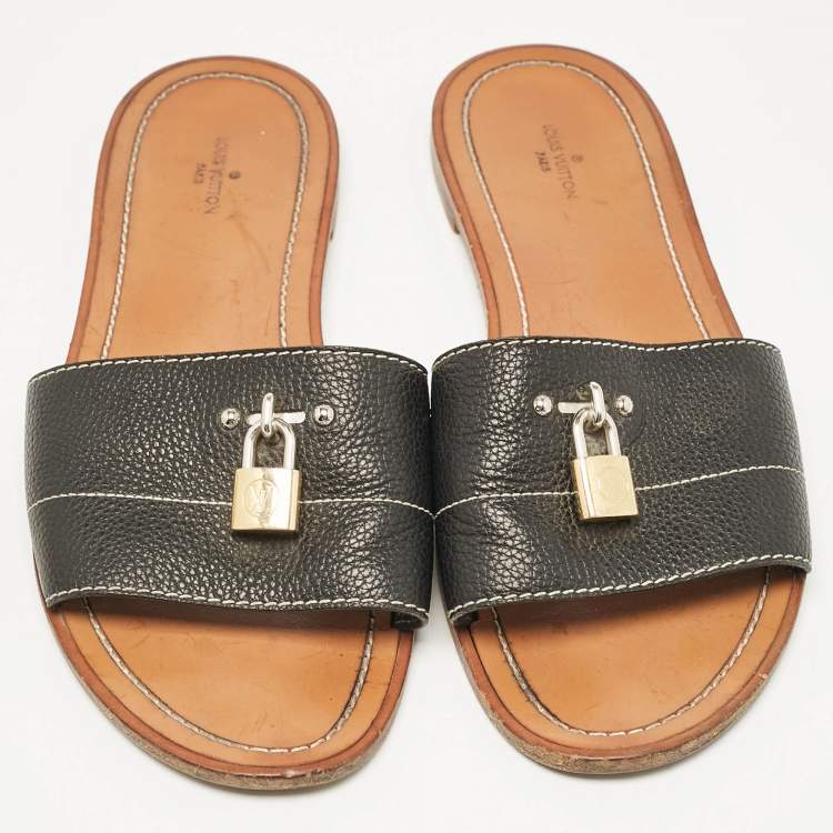 Pre Owned Louis Vuitton Black Leather Lock It Flat Slides Size 40