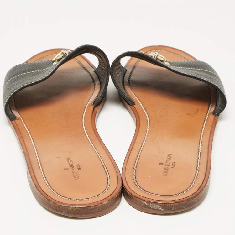 Pre Owned Louis Vuitton Black Leather Lock It Flat Slides Size 40