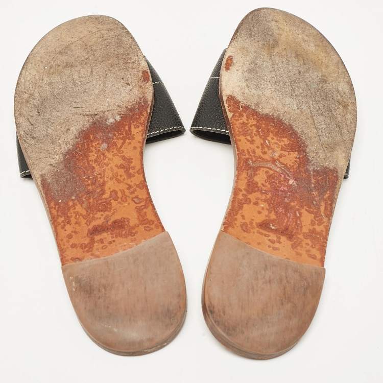 Pre Owned Louis Vuitton Black Leather Lock It Flat Slides Size 40