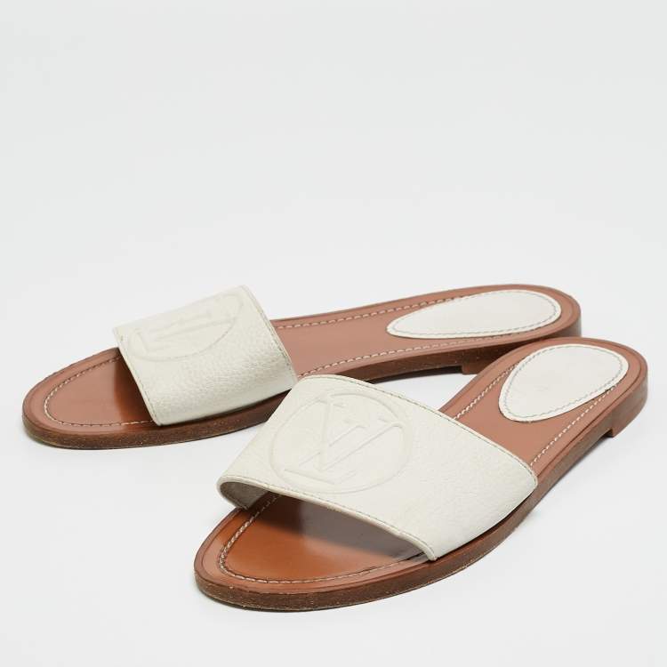 Pre Owned Louis Vuitton White Leather Lock It Flat Slides Size 39