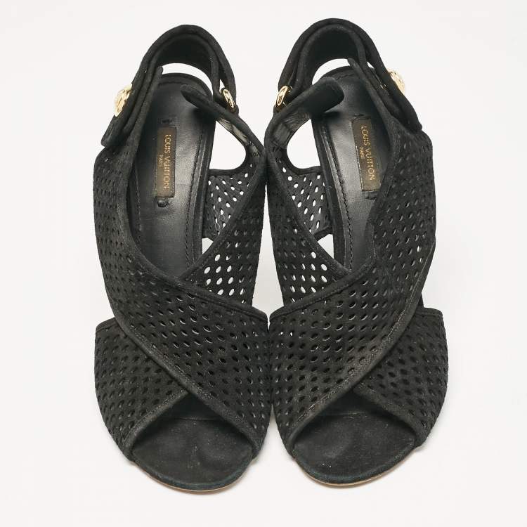 Pre Owned Louis Vuitton Black Suede Open Toe Slingback Sandals Size 41 