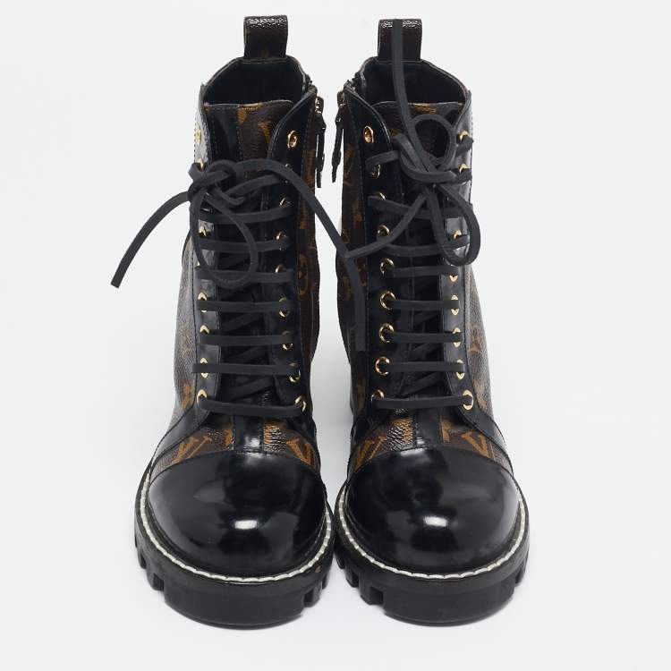 Pre Owned Louis Vuitton Brown/Black Monogram Canvas And Patent Leather Star Trail Ankle Boot Size 37.5