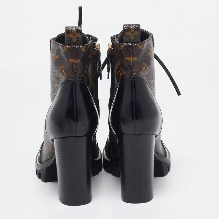Pre Owned Louis Vuitton Brown/Black Monogram Canvas And Patent Leather Star Trail Ankle Boot Size 37.5