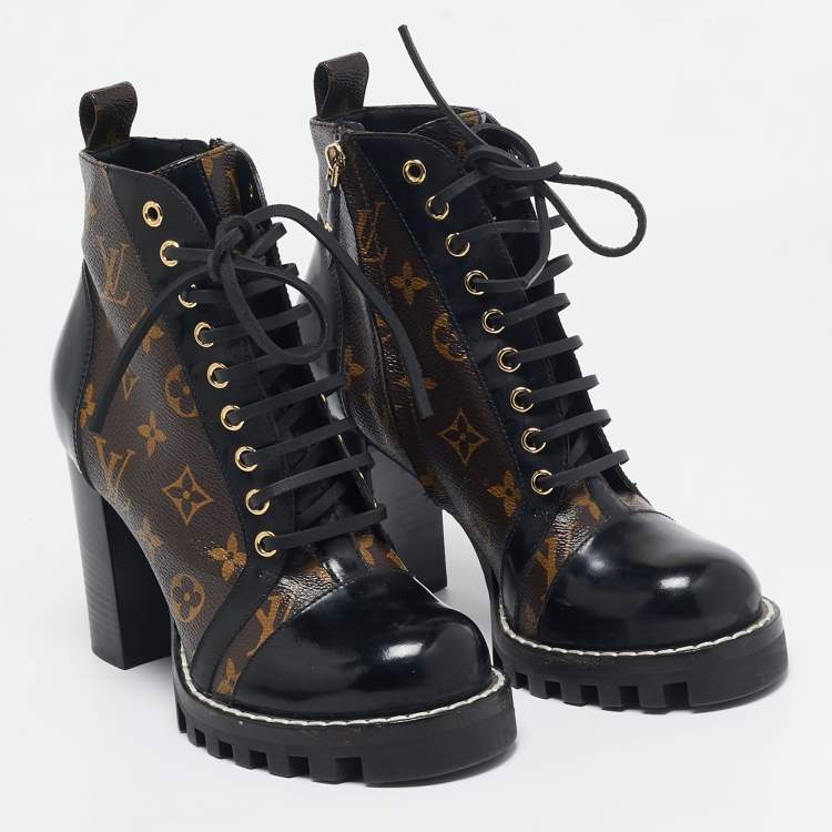 Pre Owned Louis Vuitton Brown/Black Monogram Canvas And Patent Leather Star Trail Ankle Boot Size 37.5