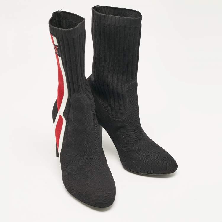 Pre Owned Louis Vuitton Black Knit Fabric LV Black Heart Sock Ankle Boots Size 38