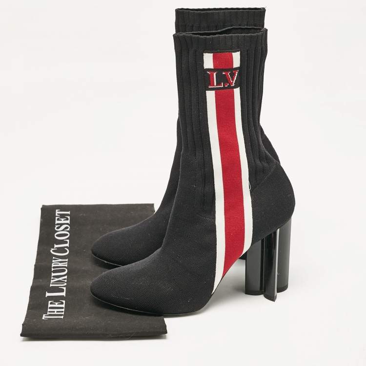 Pre Owned Louis Vuitton Black Knit Fabric LV Black Heart Sock Ankle Boots Size 38