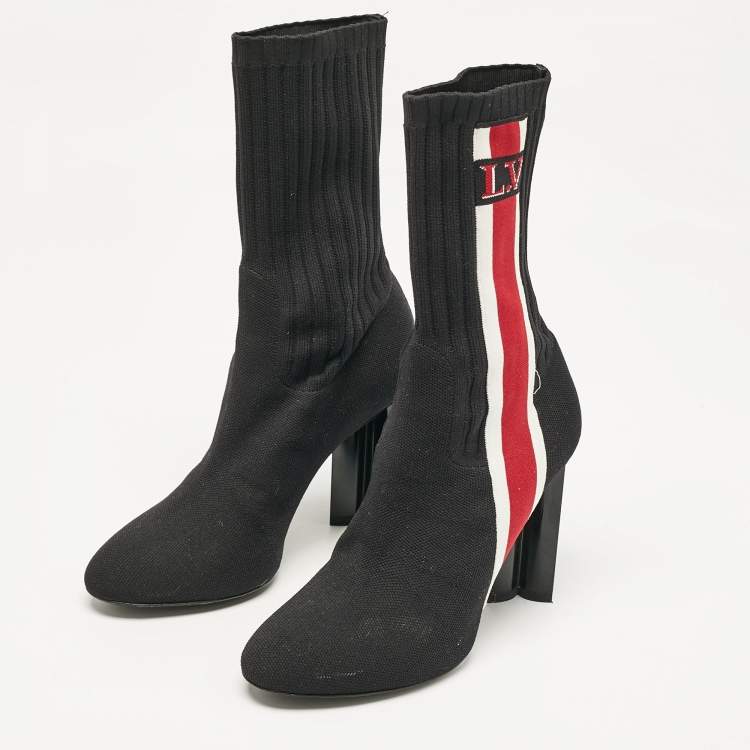 Pre Owned Louis Vuitton Black Knit Fabric LV Black Heart Sock Ankle Boots Size 38