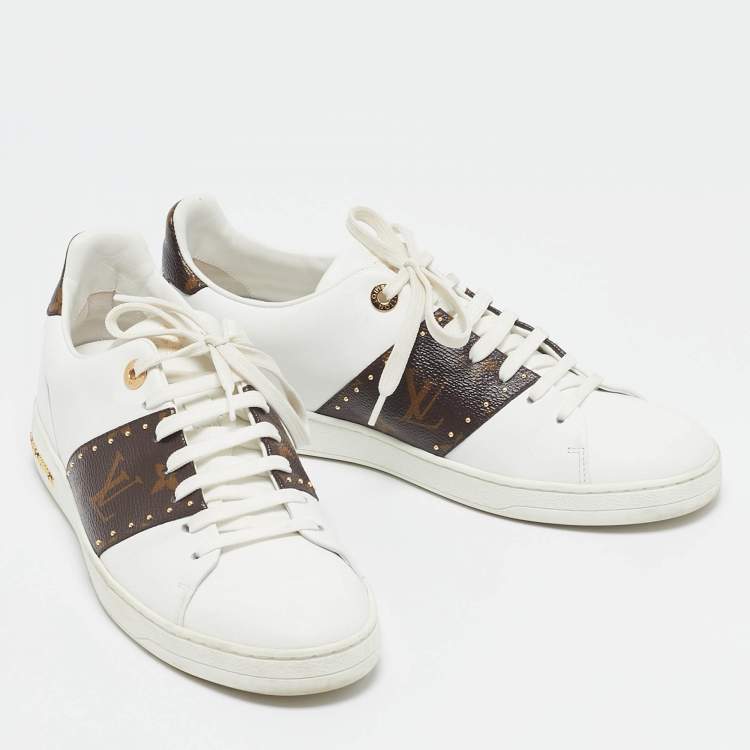 Pre Owned Louis Vuitton White Leather and Monogram Canvas Time Out Sneakers Size 39
