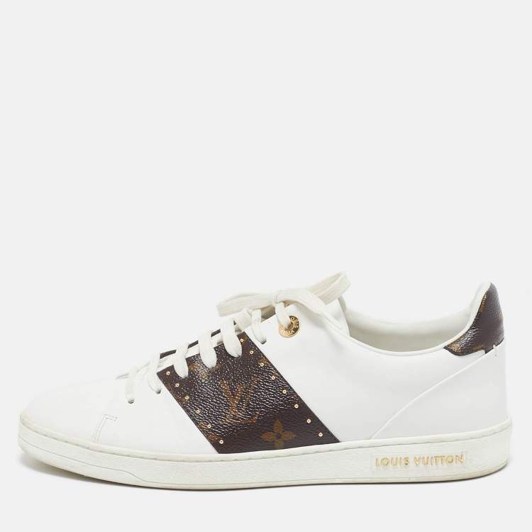 Pre Owned Louis Vuitton White Leather and Monogram Canvas Time Out Sneakers Size 39