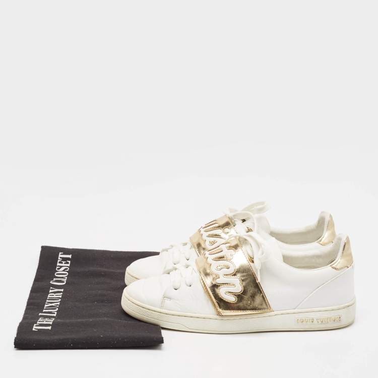 Pre Owned Louis Vuitton White/Gold Leather Frontrow Sneakers Size 36