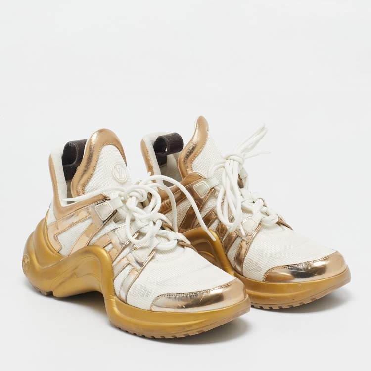 Pre Owned Louis Vuitton White/Gold Leather and Mesh LV Archlight Sneakers Size 40