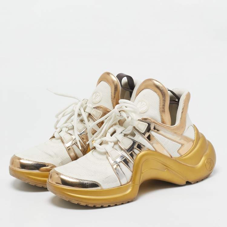 Pre Owned Louis Vuitton White/Gold Leather and Mesh LV Archlight Sneakers Size 40