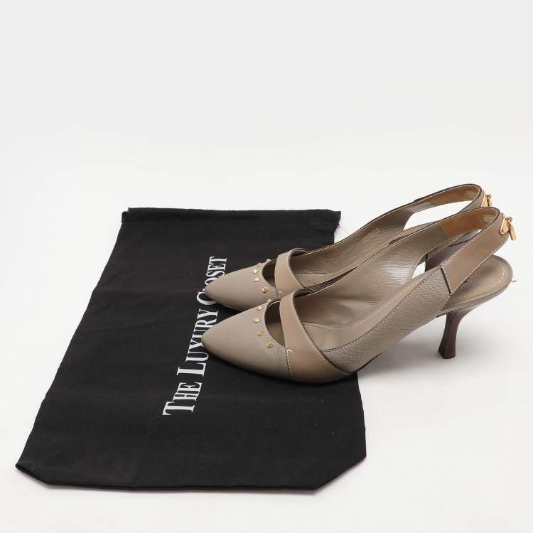 Pre Owned Louis Vuitton Taupe Grey Leather Lock Slingback Pumps 38