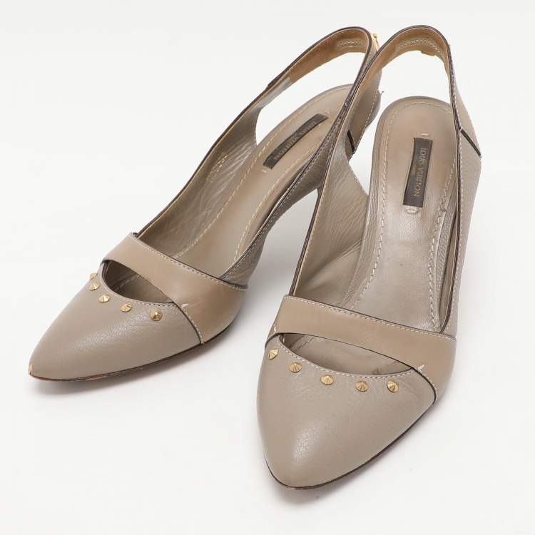 Pre Owned Louis Vuitton Taupe Grey Leather Lock Slingback Pumps 38