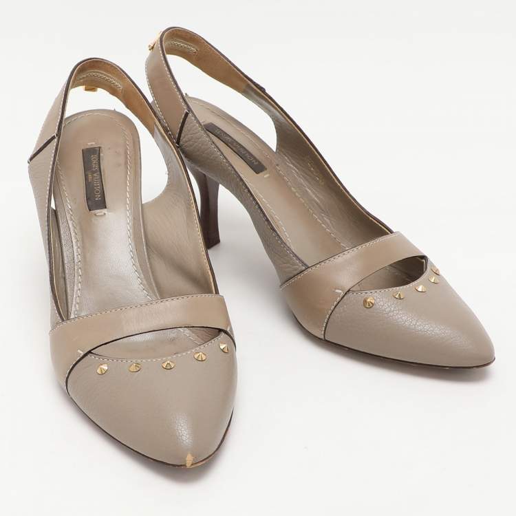 Pre Owned Louis Vuitton Taupe Grey Leather Lock Slingback Pumps 38