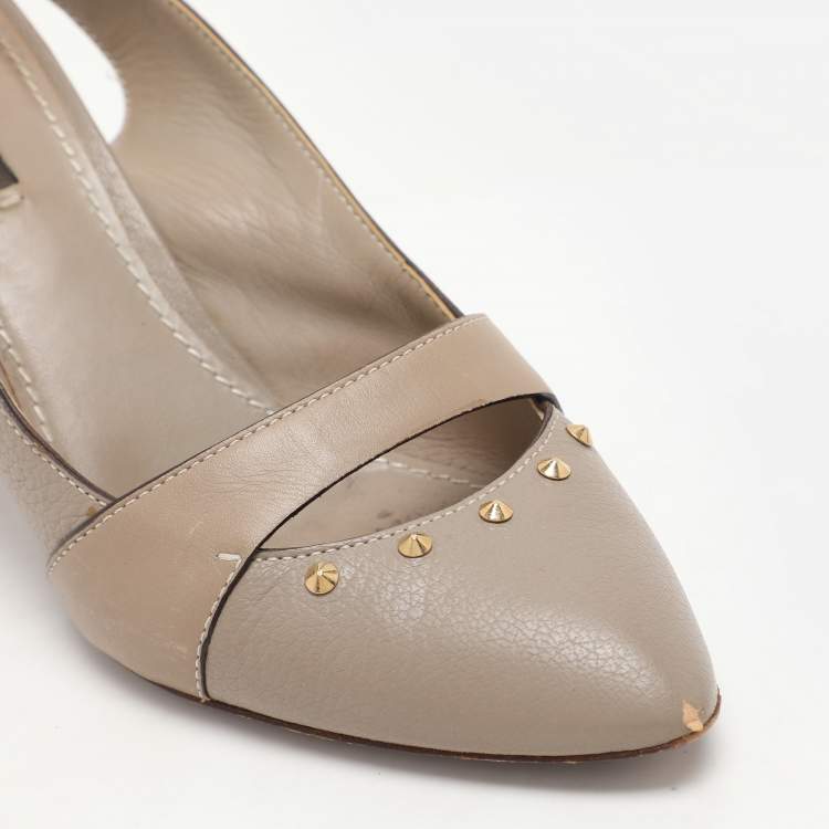 Pre Owned Louis Vuitton Taupe Grey Leather Lock Slingback Pumps 38