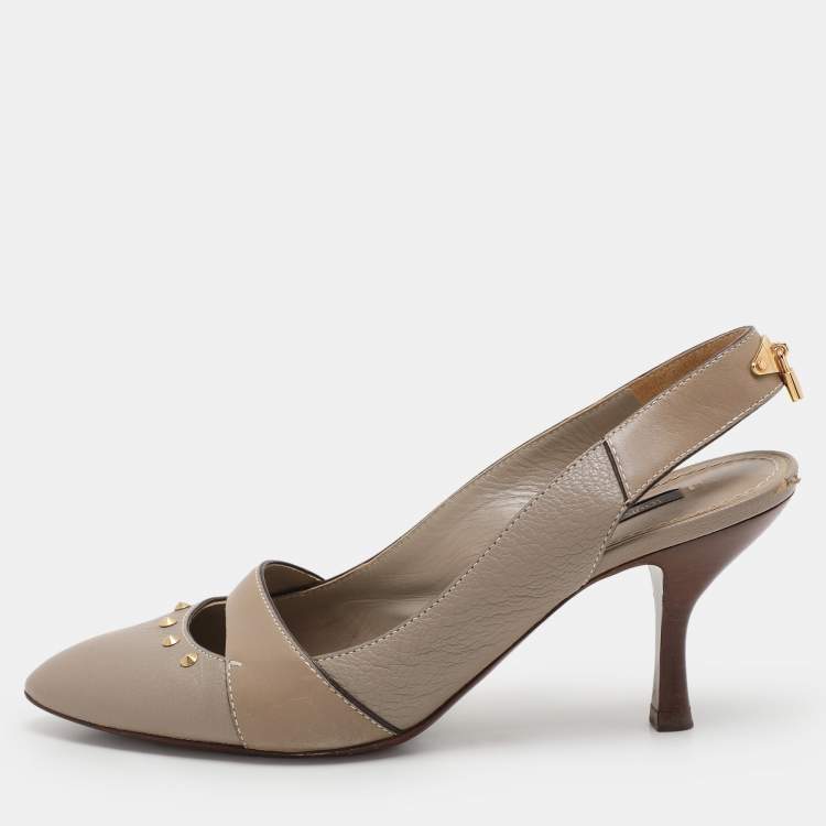 Pre Owned Louis Vuitton Taupe Grey Leather Lock Slingback Pumps 38