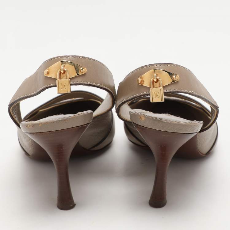 Pre Owned Louis Vuitton Taupe Grey Leather Lock Slingback Pumps 38
