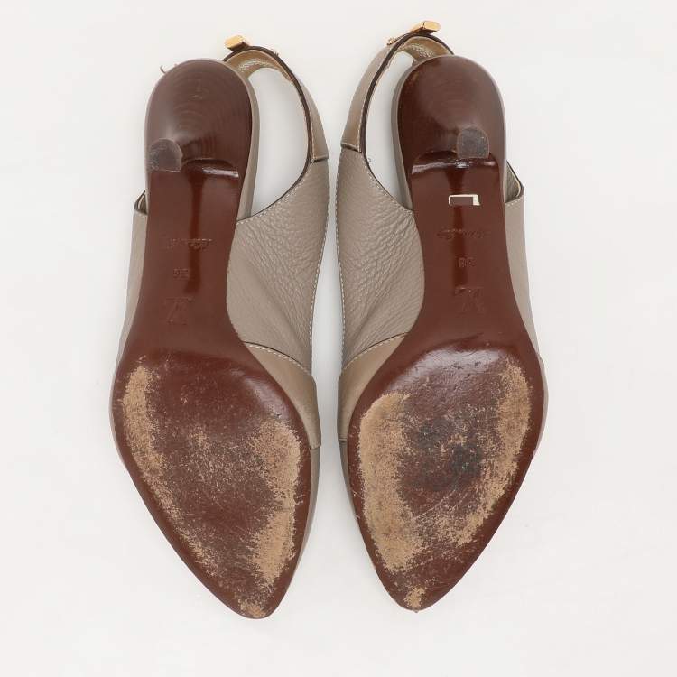Pre Owned Louis Vuitton Taupe Grey Leather Lock Slingback Pumps 38