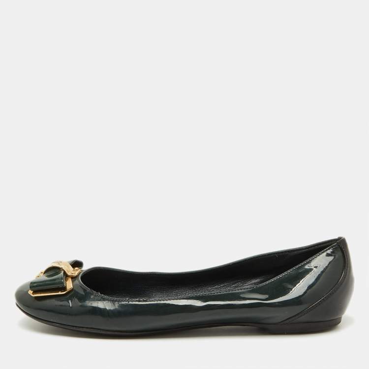 Pre Owned Louis Vuitton Dark Green/Black Patent Leather Bow Ballet Flats Size 36
