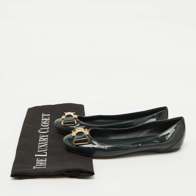 Pre Owned Louis Vuitton Dark Green/Black Patent Leather Bow Ballet Flats Size 36