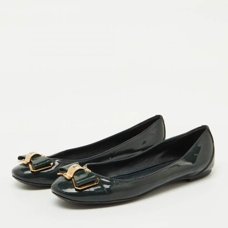 Pre Owned Louis Vuitton Dark Green/Black Patent Leather Bow Ballet Flats Size 36