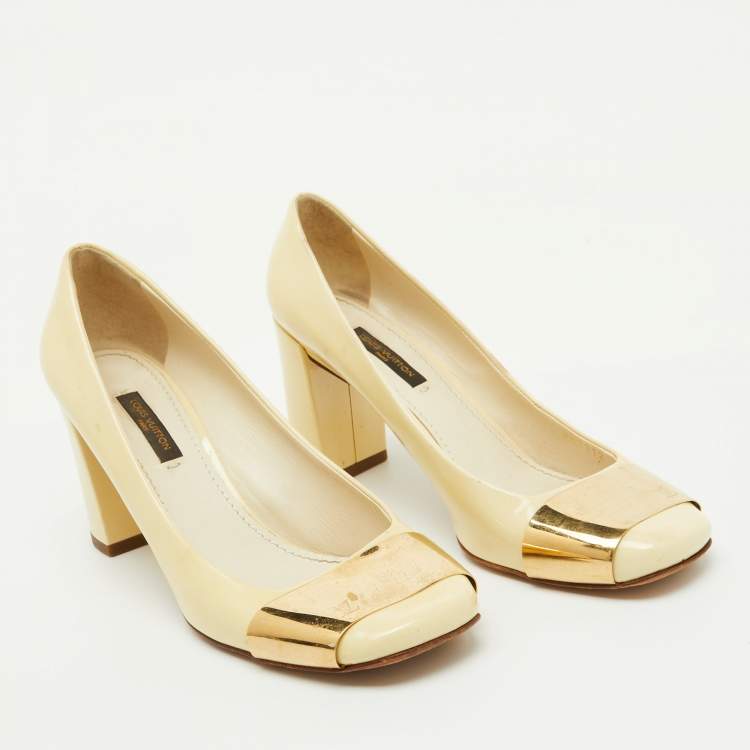 Pre Owned Louis Vuitton Cream Patent Leather Block Heel Pumps Size 38