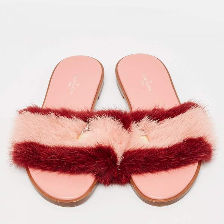 Pre Owned Louis Vuitton Pink/Red Mink Fur Lock It Flat Slide Sandals Size 37