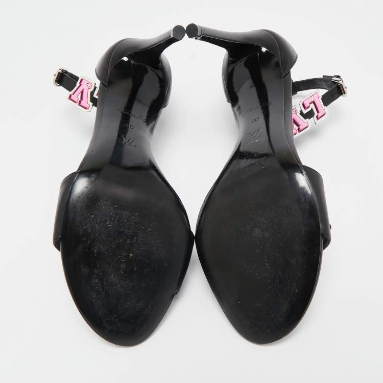 Pre Owned Louis Vuitton Black Leather LV Patch Ankle Strap Sandals Size 40
