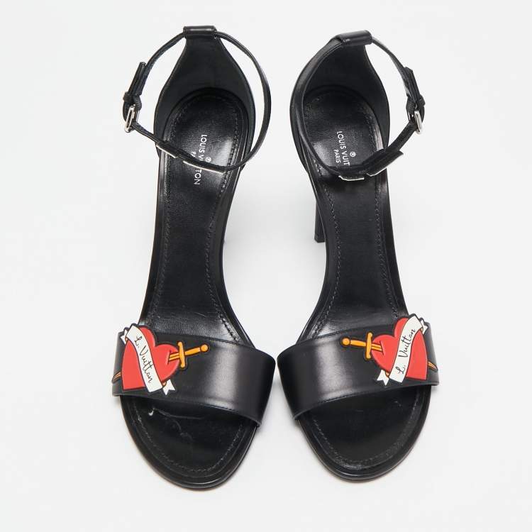 Pre Owned Louis Vuitton Black Leather LV Patch Ankle Strap Sandals Size 40