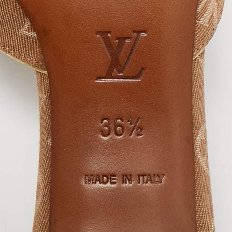 Pre Owned Louis Vuitton Brown Mini Lin Canvas Bow Slide Sandals Size 36.5