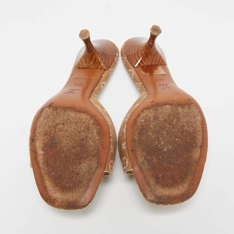 Pre Owned Louis Vuitton Brown Mini Lin Canvas Bow Slide Sandals Size 36.5