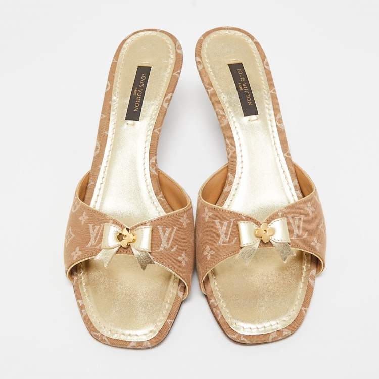 Pre Owned Louis Vuitton Brown Mini Lin Canvas Bow Slide Sandals Size 36.5