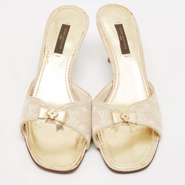 Pre Owned Louis Vuitton Two Tone Mini Lin Canvas Bow Slide Sandals Size 37