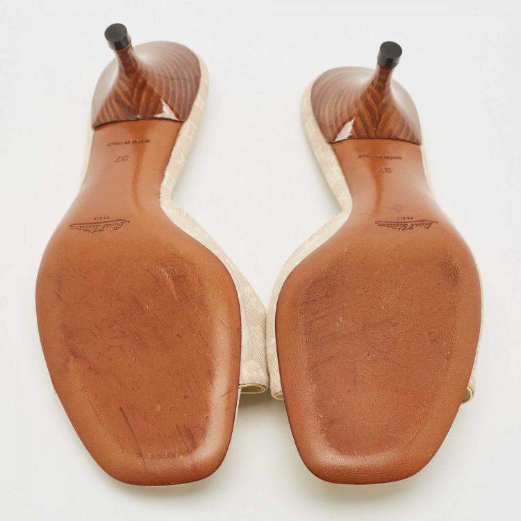 Pre Owned Louis Vuitton Two Tone Mini Lin Canvas Bow Slide Sandals Size 37
