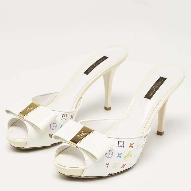 Pre Owned Louis Vuitton White Multicolore Monogram Canvas and Patent Leather Slide Sandals Size 37