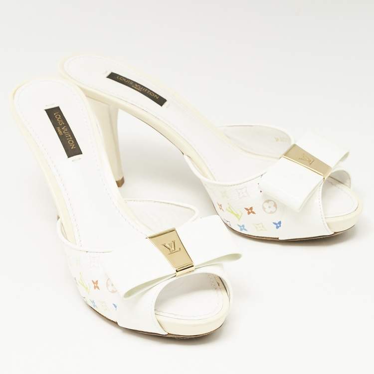 Pre Owned Louis Vuitton White Multicolore Monogram Canvas and Patent Leather Slide Sandals Size 37