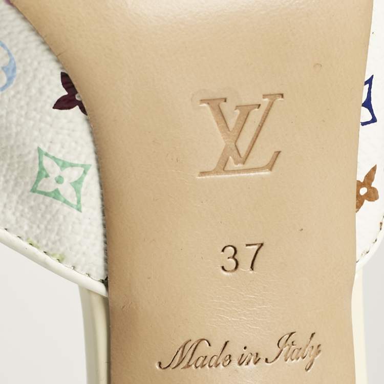Pre Owned Louis Vuitton White Multicolore Monogram Canvas and Patent Leather Slide Sandals Size 37