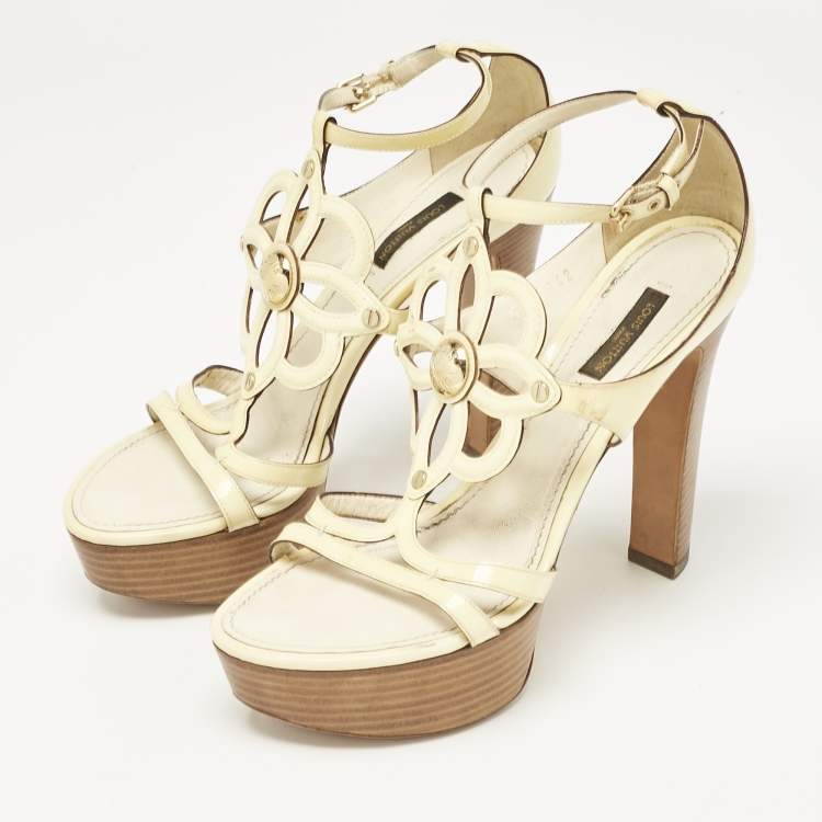 Pre Owned Louis Vuitton Cream Patent Leather Platform Sandals Size 38