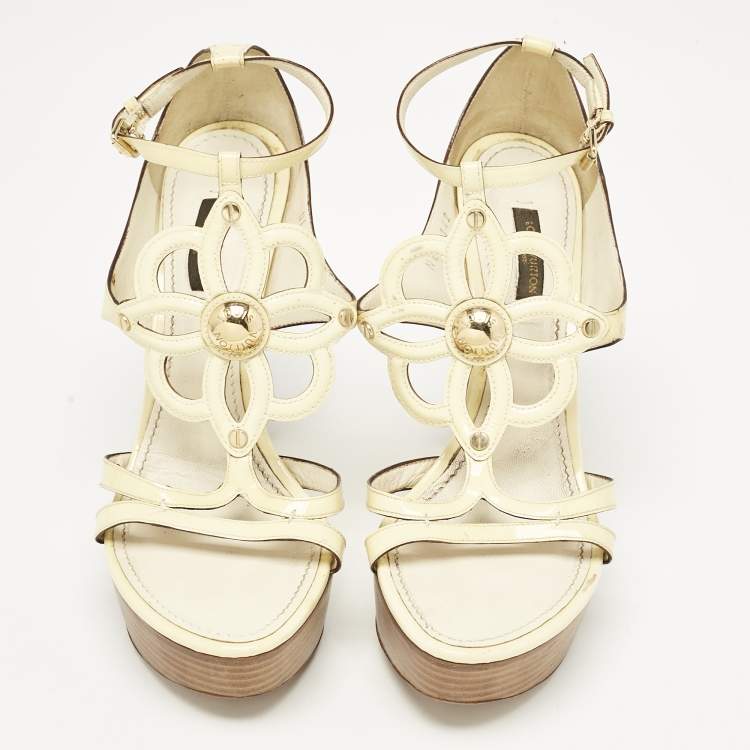 Pre Owned Louis Vuitton Cream Patent Leather Platform Sandals Size 38