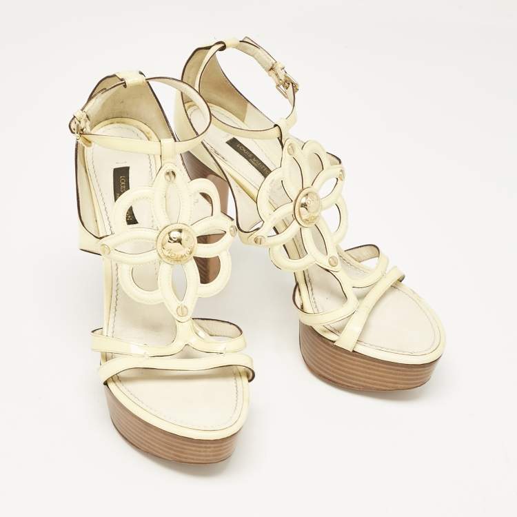Pre Owned Louis Vuitton Cream Patent Leather Platform Sandals Size 38
