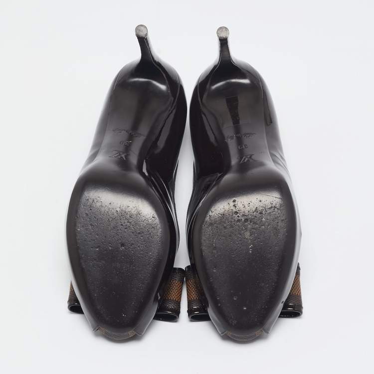 Pre Owned Louis Vuitton Brown/Burgundy  Patent Leather And Infini Canvas Bow Peep Toe Platform Pumps Size 39