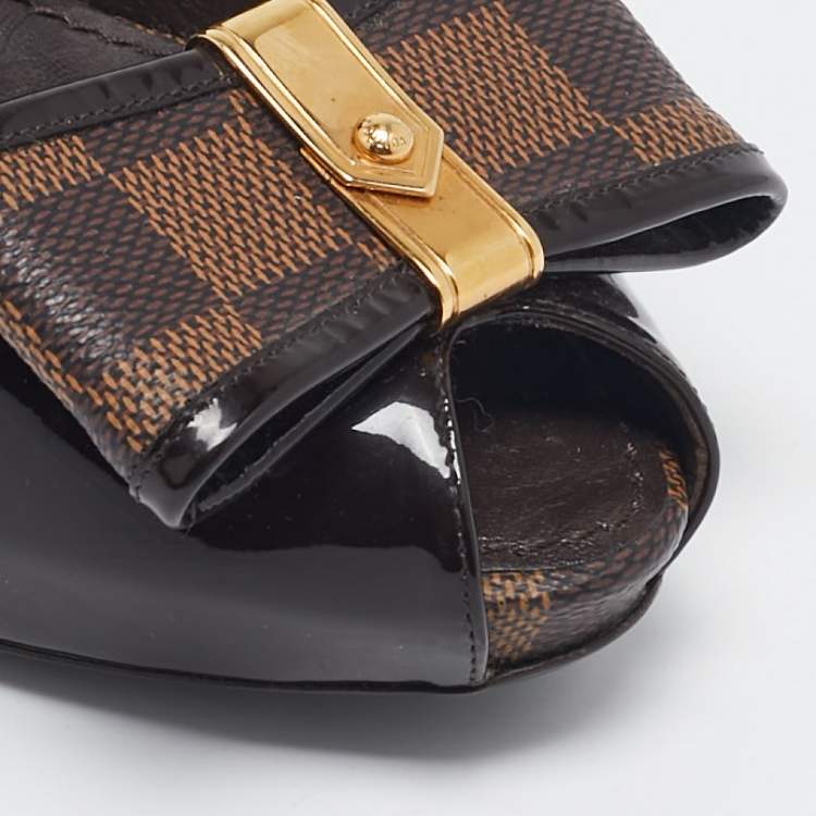 Pre Owned Louis Vuitton Brown/Burgundy  Patent Leather And Infini Canvas Bow Peep Toe Platform Pumps Size 39