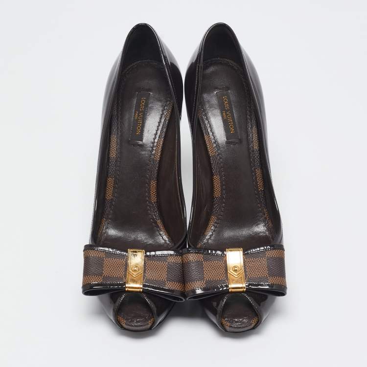 Pre Owned Louis Vuitton Brown/Burgundy  Patent Leather And Infini Canvas Bow Peep Toe Platform Pumps Size 39