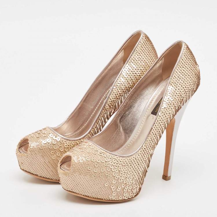 Pre Owned Louis Vuitton Beige Leather and Sequins Peep Toe Pumps Size 37