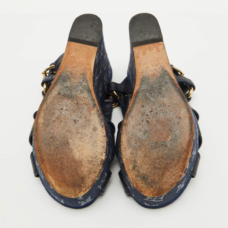 Pre Owned Louis Vuitton Navy Blue Leather and Monogram Denim Ocean Wedge Sandals Size 38