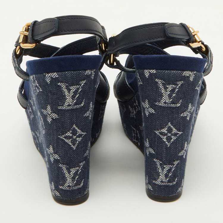 Pre Owned Louis Vuitton Navy Blue Leather and Monogram Denim Ocean Wedge Sandals Size 38
